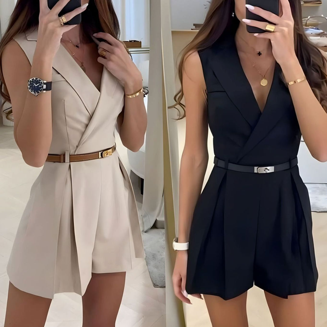 Women's Sleeveless Deep V-Neck Belted Tailored Playsuit