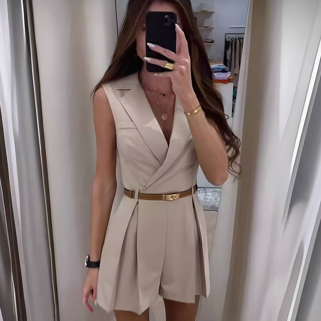 Women's Sleeveless Deep V-Neck Belted Tailored Playsuit - Beige