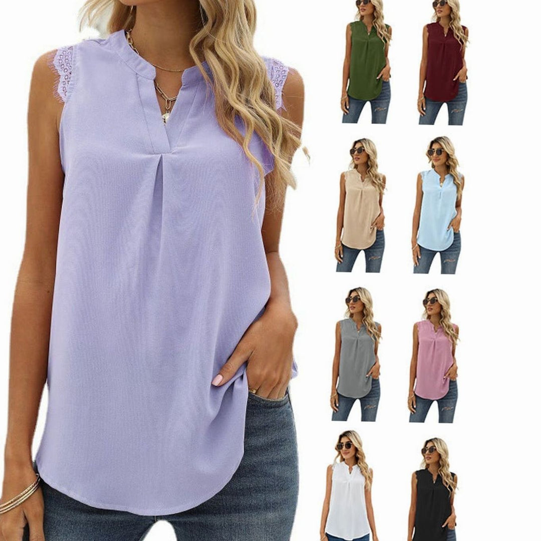 Women's Sleeveless Lace-Trim V-Neck Pleated Blouse Top