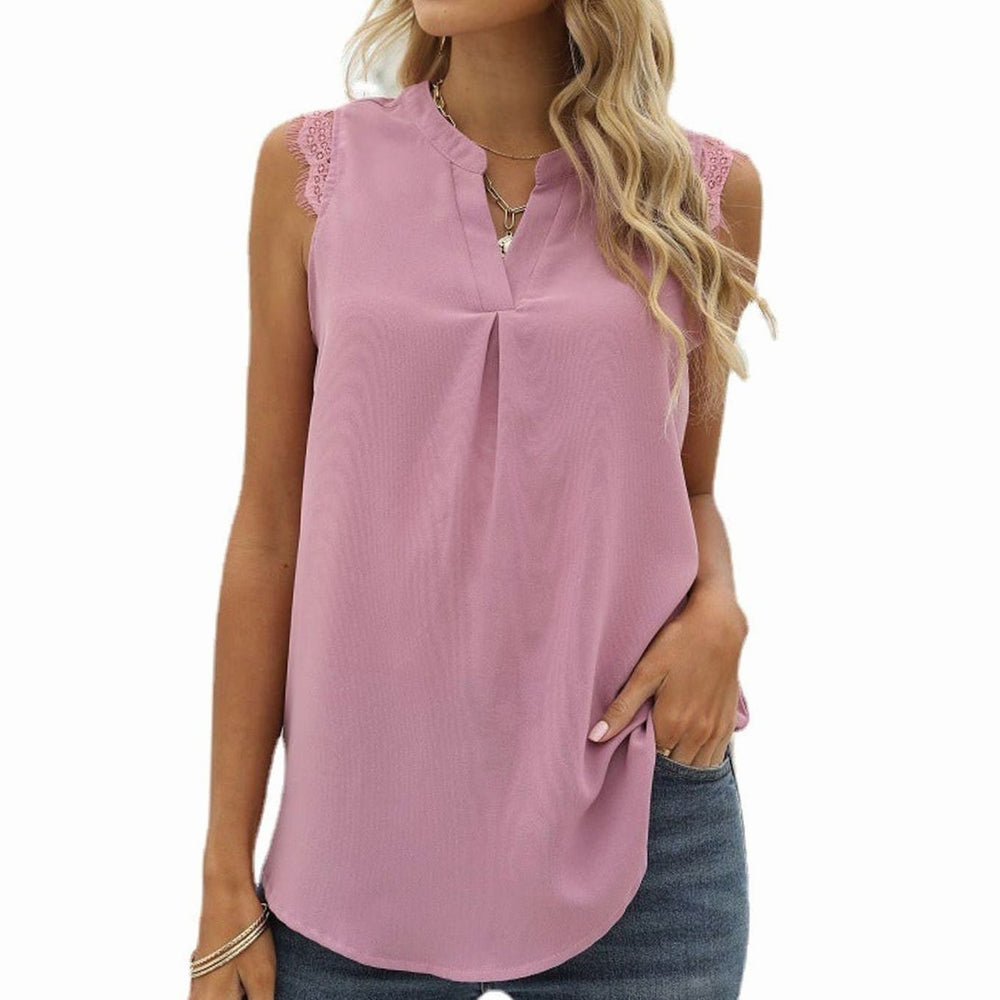 Women's Sleeveless Lace-Trim V-Neck Pleated Blouse Top