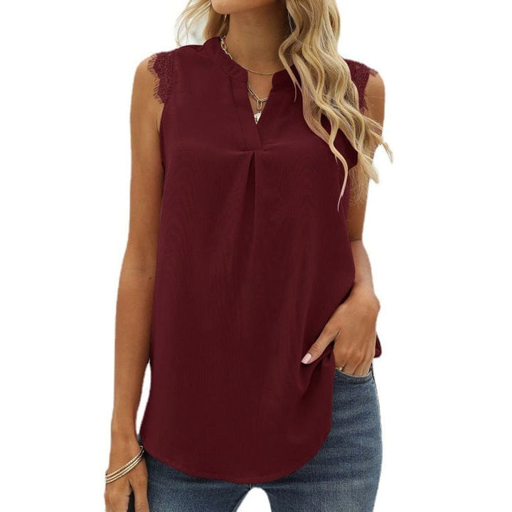 Women's Sleeveless Lace-Trim V-Neck Pleated Blouse Top