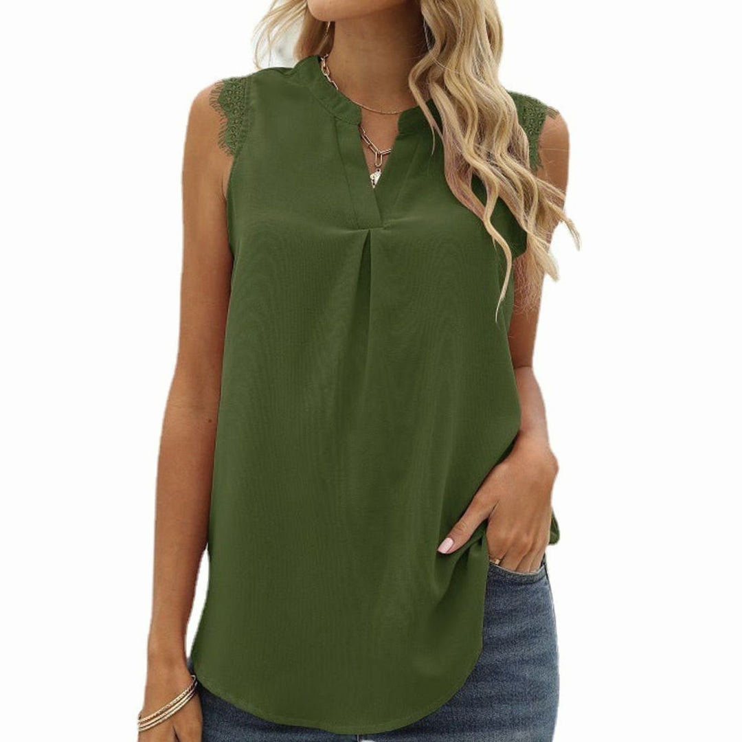 Women's Sleeveless Lace-Trim V-Neck Pleated Blouse Top