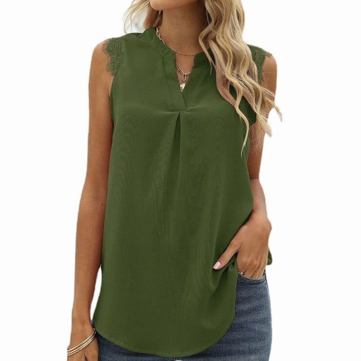 Women's Sleeveless Lace-Trim V-Neck Pleated Blouse Top