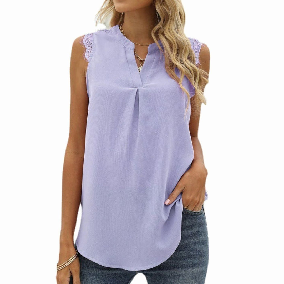 Women's Sleeveless Lace-Trim V-Neck Pleated Blouse Top