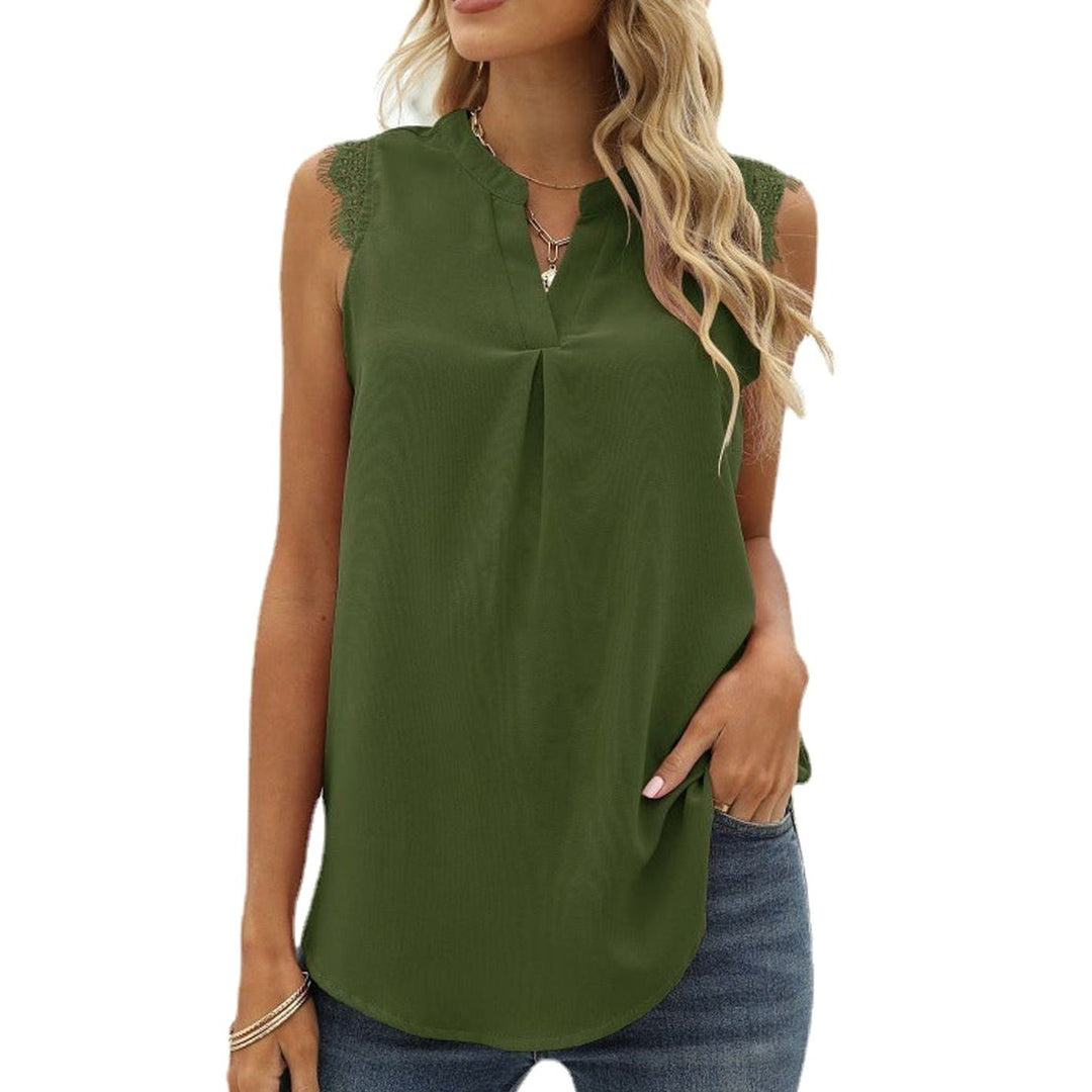 Women's Sleeveless Lace-Trim V-Neck Pleated Blouse Top - Olive Green