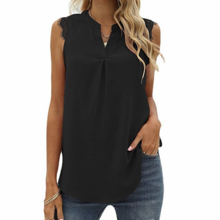 Women's Sleeveless Lace-Trim V-Neck Pleated Blouse Top - Black