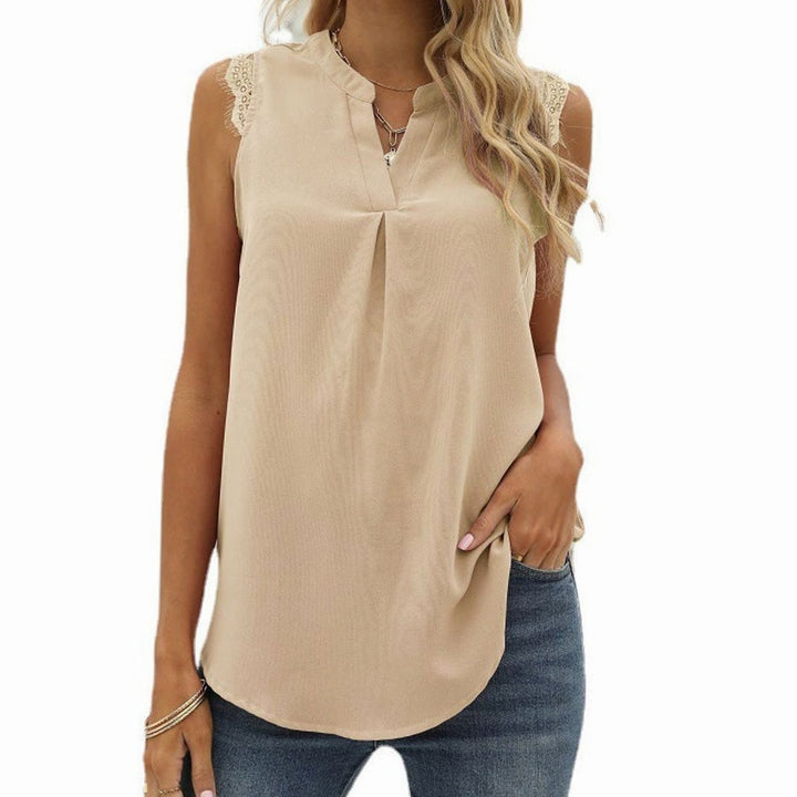 Women's Sleeveless Lace-Trim V-Neck Pleated Blouse Top - Apricot
