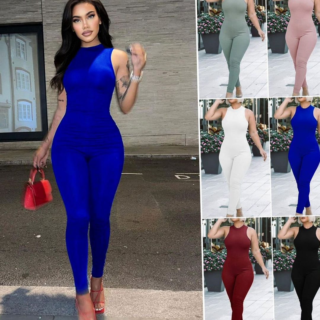 Women's Sleeveless Mock-Neck Bodycon Full-Length Jumpsuit