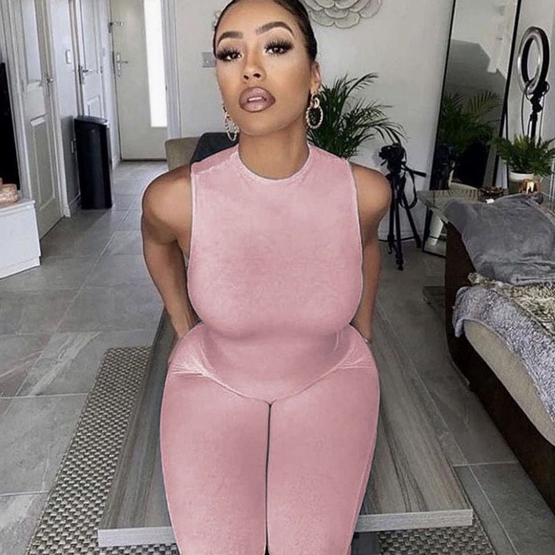 Women's Sleeveless Mock-Neck Bodycon Full-Length Jumpsuit - Pink