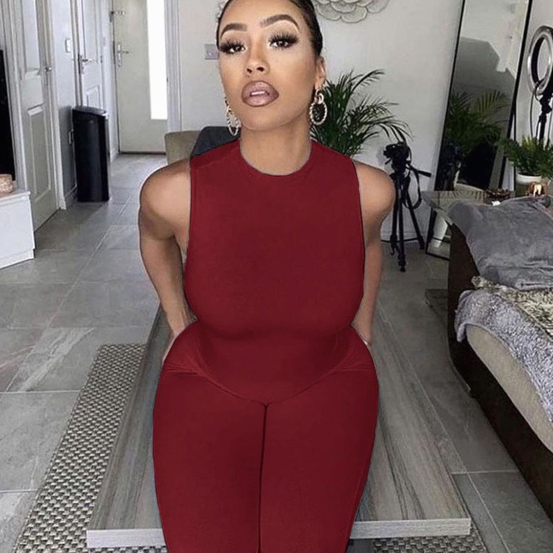 Women's Sleeveless Mock-Neck Bodycon Full-Length Jumpsuit - Burgundy
