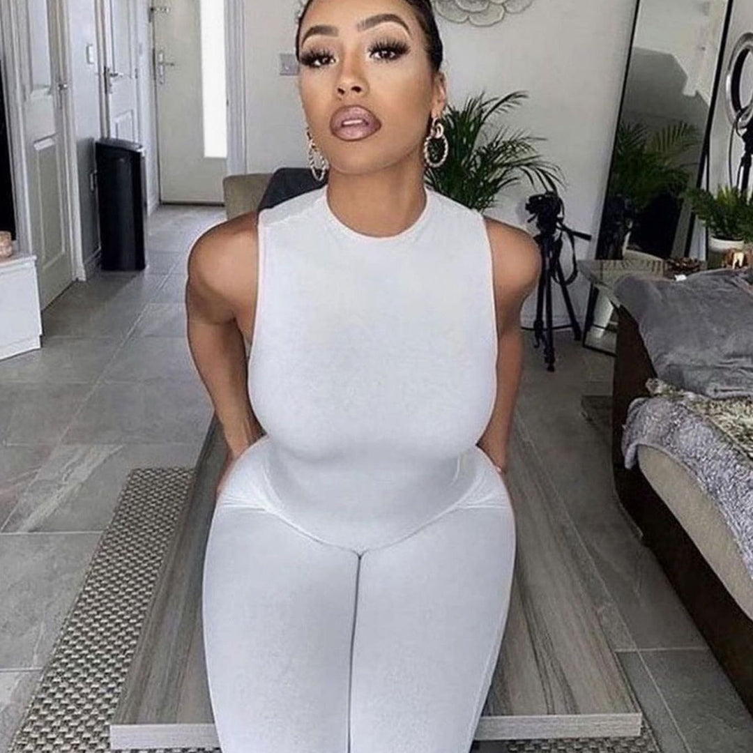 Women's Sleeveless Mock-Neck Bodycon Full-Length Jumpsuit - White