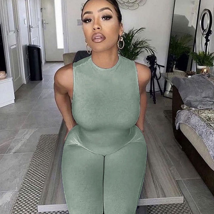 Women's Sleeveless Mock-Neck Bodycon Full-Length Jumpsuit - Sage Green