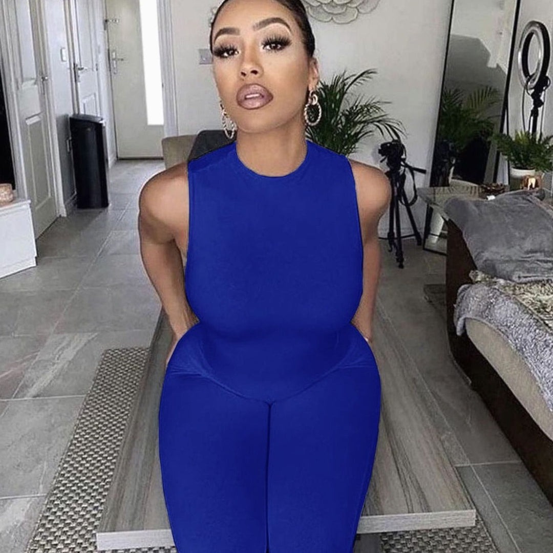 Women's Sleeveless Mock-Neck Bodycon Full-Length Jumpsuit - Blue