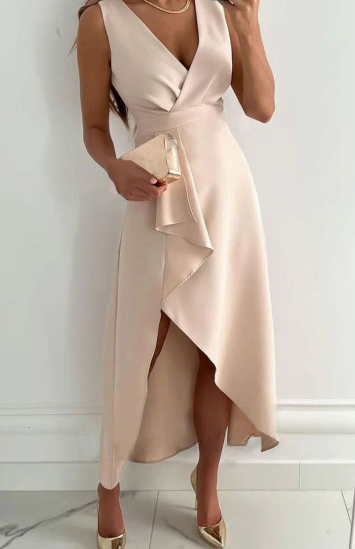 Women's Sleeveless V-Neck Asymmetric Ruffle Midi Party Dress