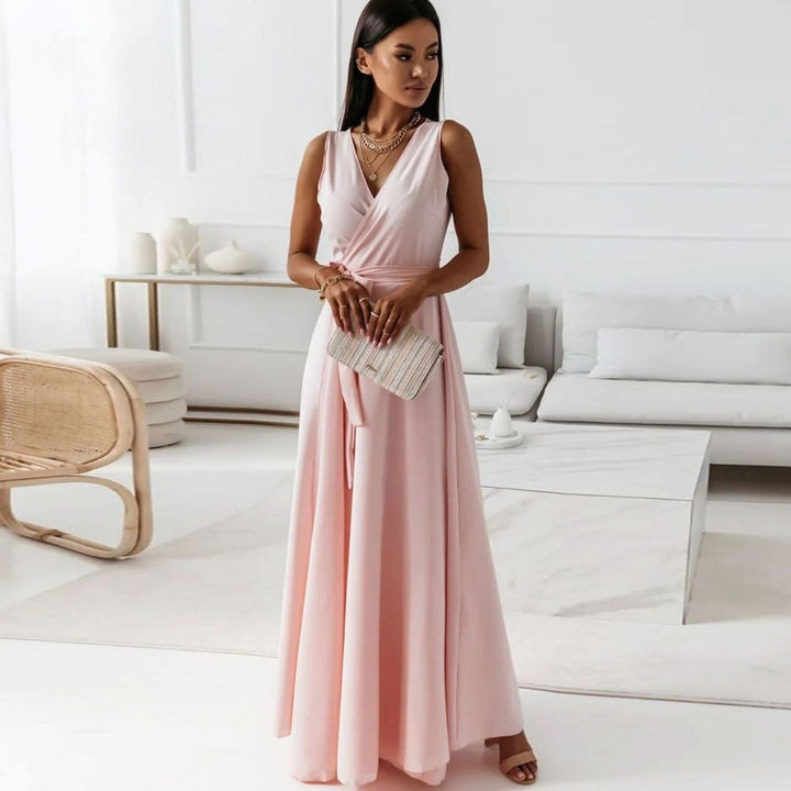 Women's Sleeveless V-Neck Belted Satin Maxi Dress - Lotus Pink