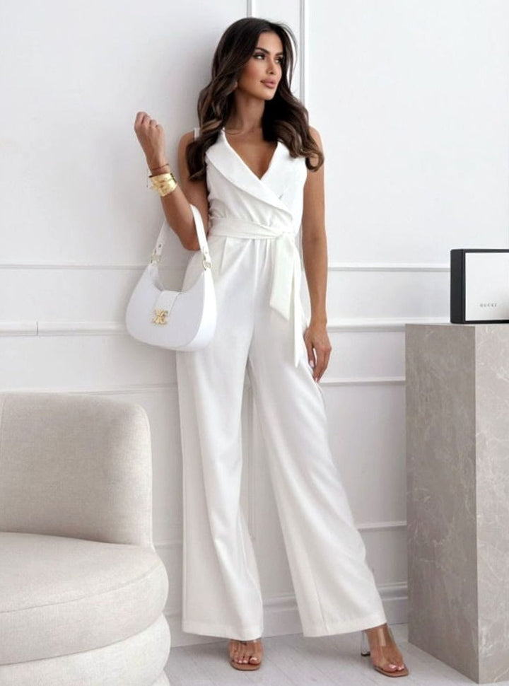 Women's Sleeveless V-Neck Belted Wide-Leg Jumpsuit - White