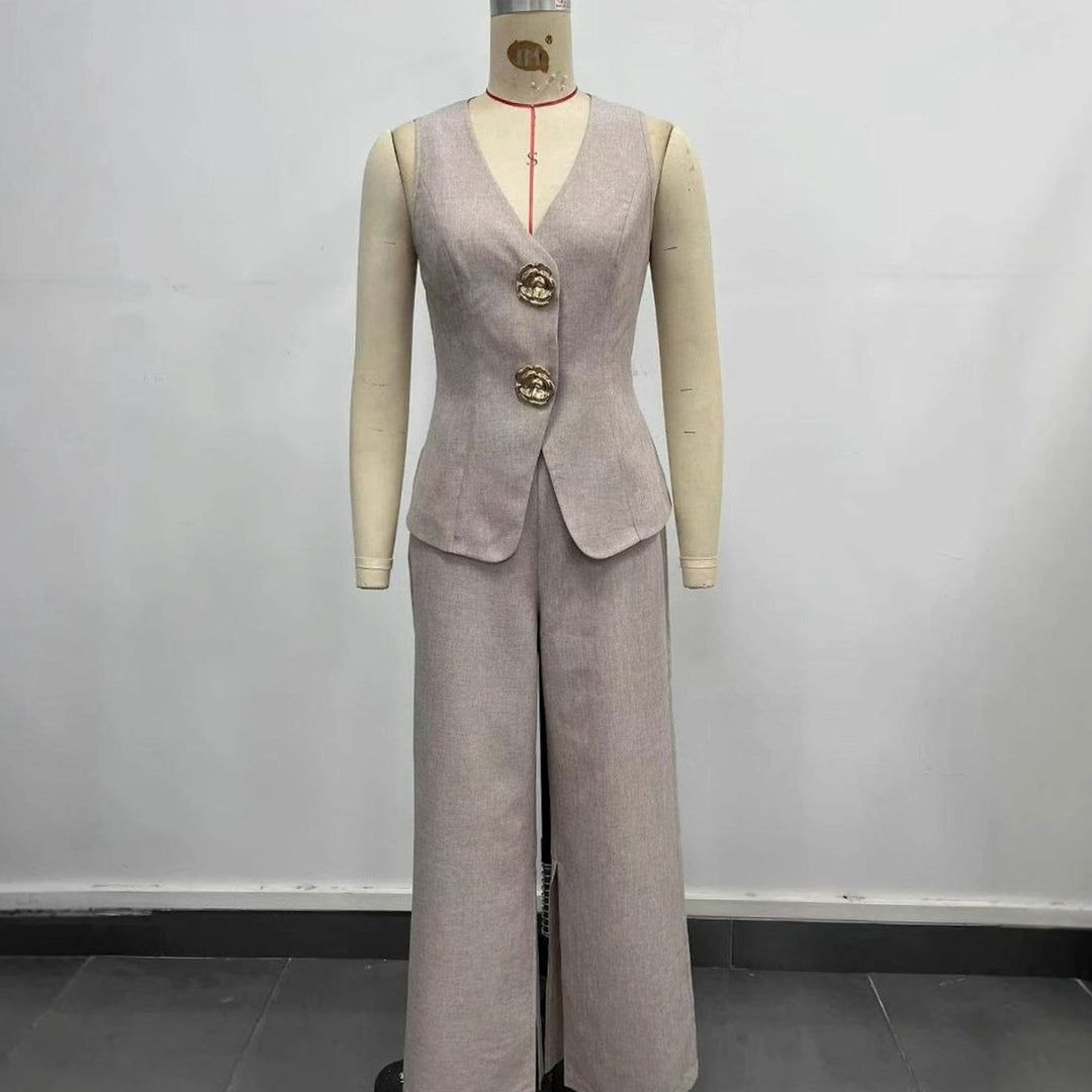 Women's Sleeveless V-Neck Blazer Wide-Leg Trousers Co-ord Set