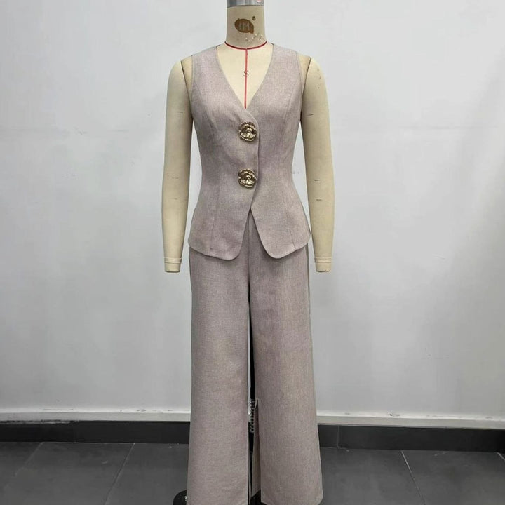 Women's Sleeveless V-Neck Blazer Wide-Leg Trousers Co-ord Set