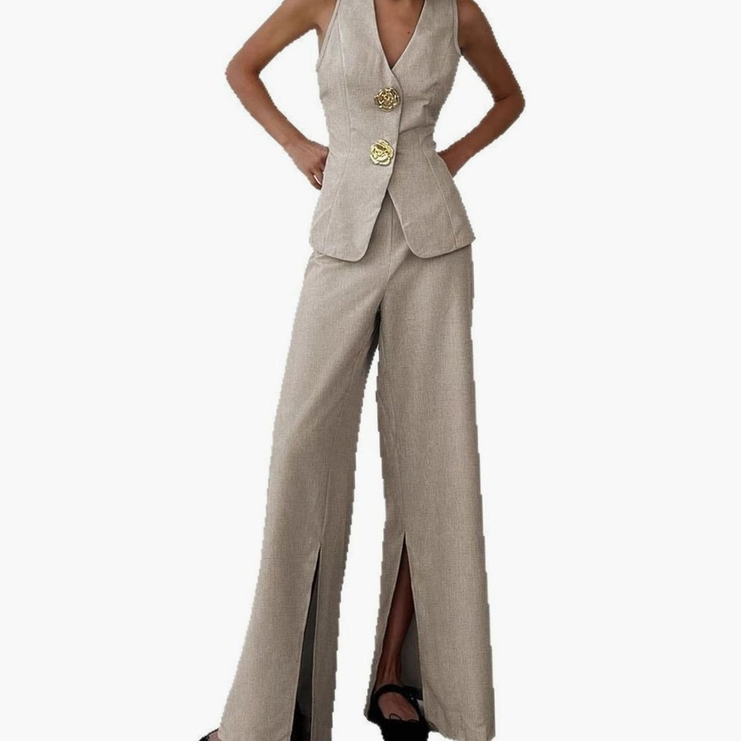 Women's Sleeveless V-Neck Blazer Wide-Leg Trousers Co-ord Set