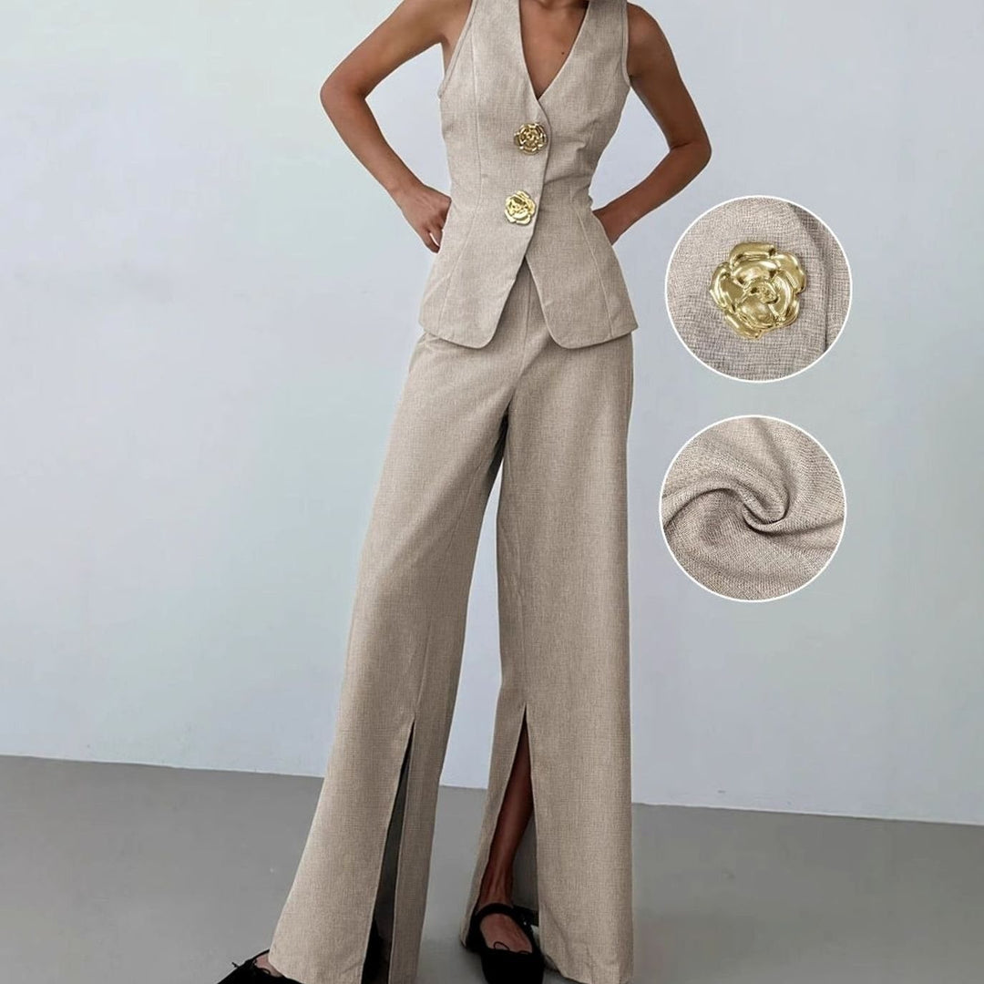 Women's Sleeveless V-Neck Blazer Wide-Leg Trousers Co-ord Set - Khaki
