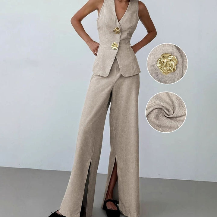 Women's Sleeveless V-Neck Blazer Wide-Leg Trousers Co-ord Set - Khaki