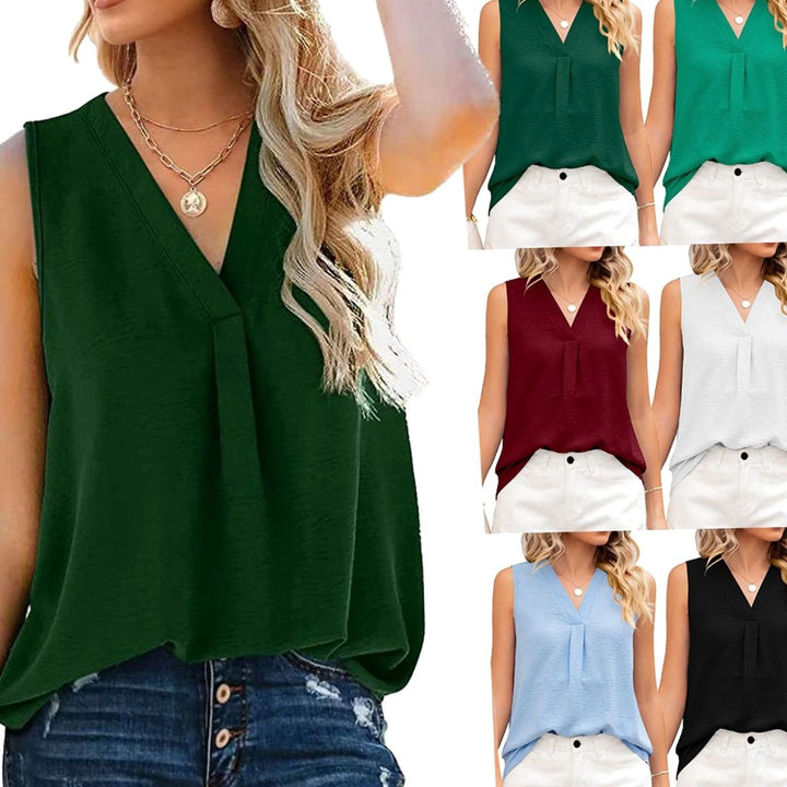 Women's Sleeveless V-Neck Pleated Loose-Fit Blouse Top