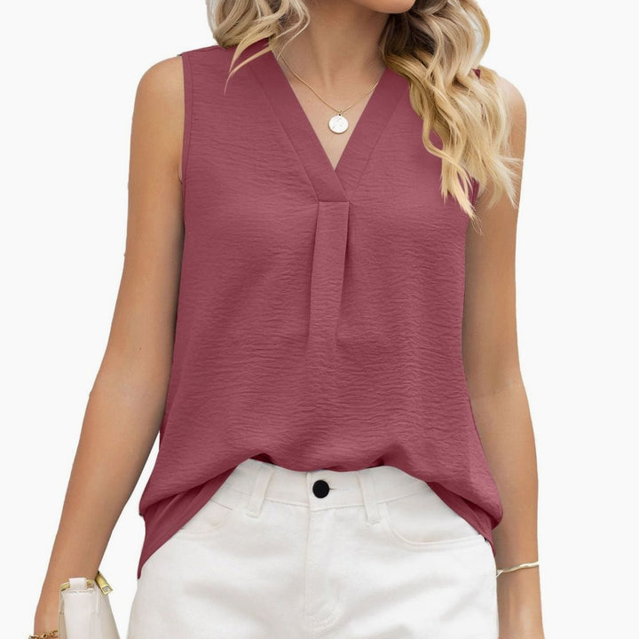 Women's Sleeveless V-Neck Pleated Loose-Fit Blouse Top - Nude
