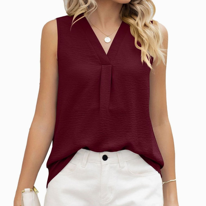 Women's Sleeveless V-Neck Pleated Loose-Fit Blouse Top - Burgundy