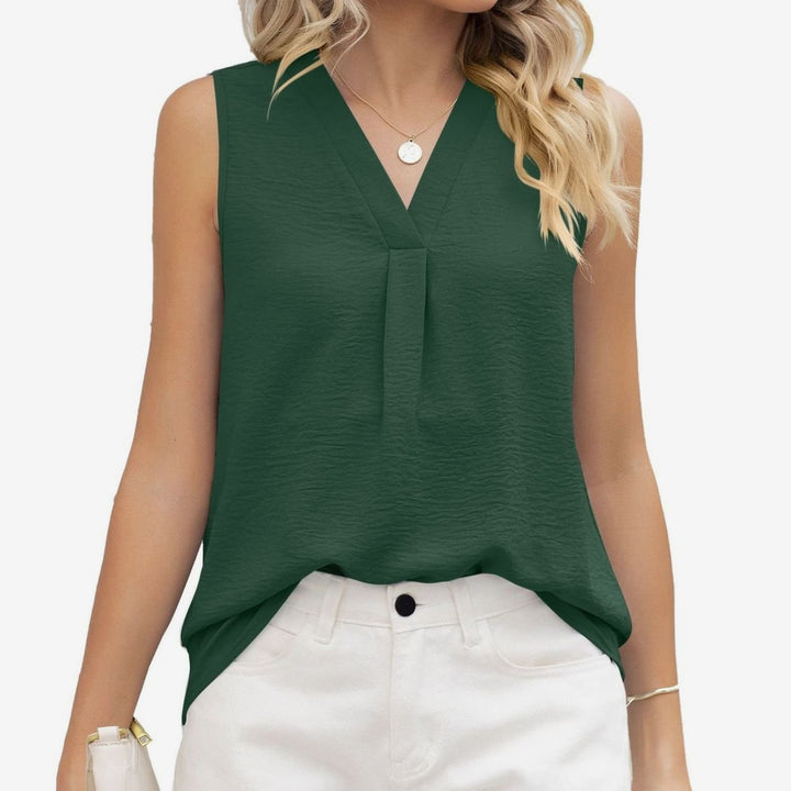 Women's Sleeveless V-Neck Pleated Loose-Fit Blouse Top - Forest Green
