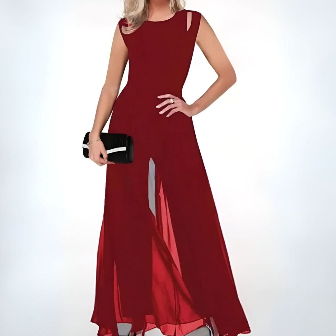 Women's Sleeveless Wide-Leg Chiffon Jumpsuit - Red