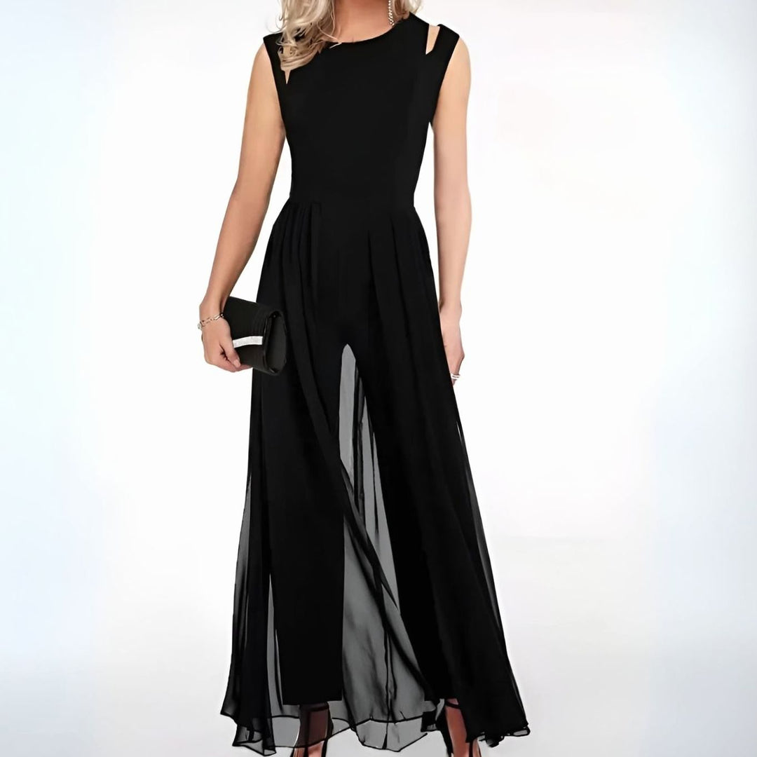 Women's Sleeveless Wide-Leg Chiffon Jumpsuit - Black