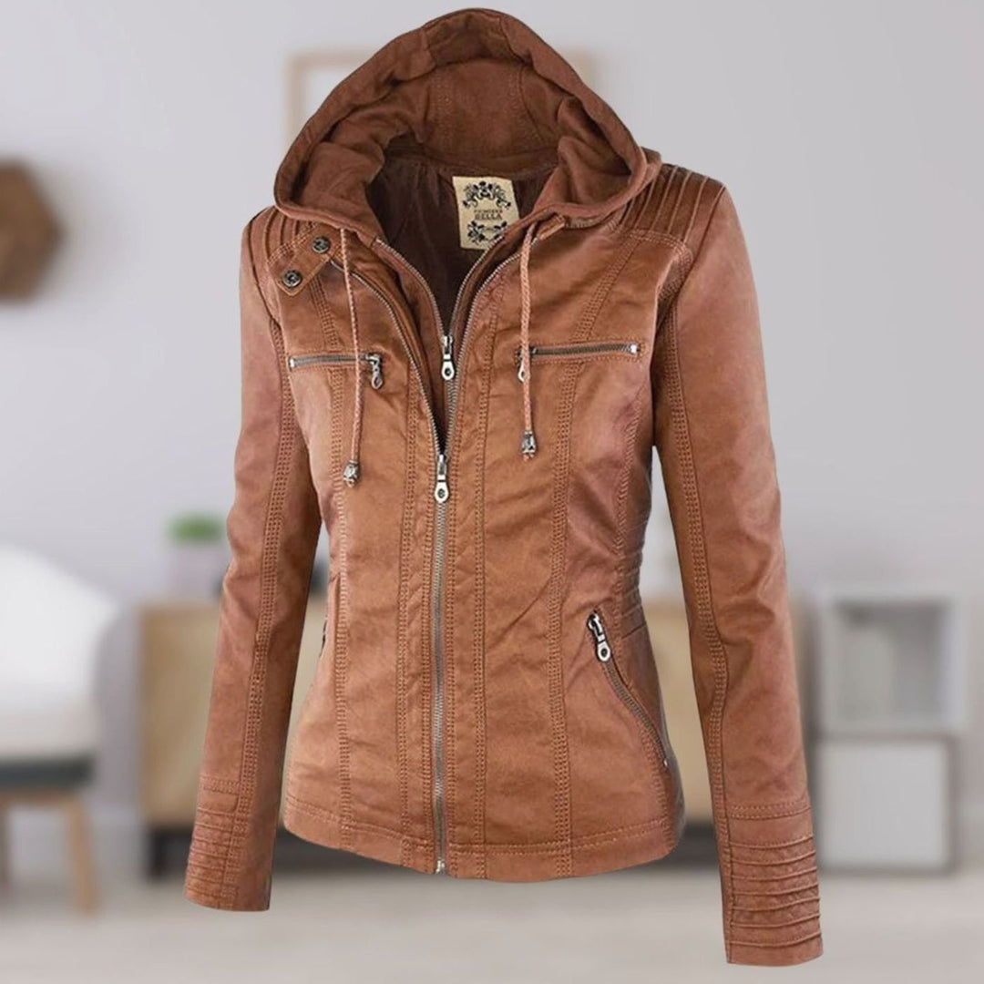 Women's Slim-Fit Hooded Faux Leather Biker Jacket - Khaki