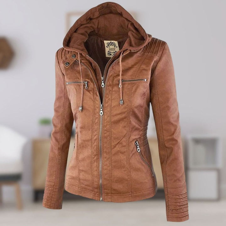 Women's Slim-Fit Hooded Faux Leather Biker Jacket - Khaki