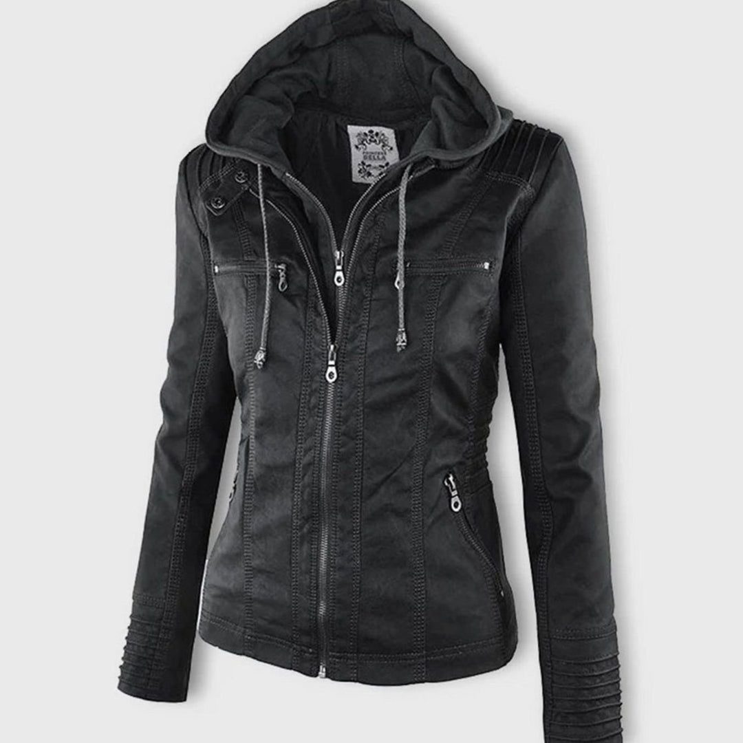 Women's Slim-Fit Hooded Faux Leather Biker Jacket