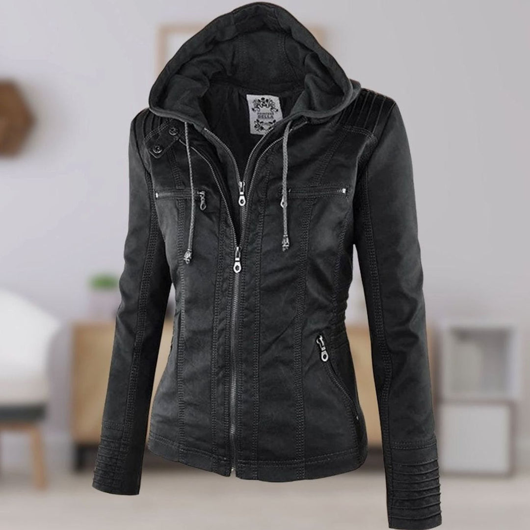 Women's Slim-Fit Hooded Faux Leather Biker Jacket - Black
