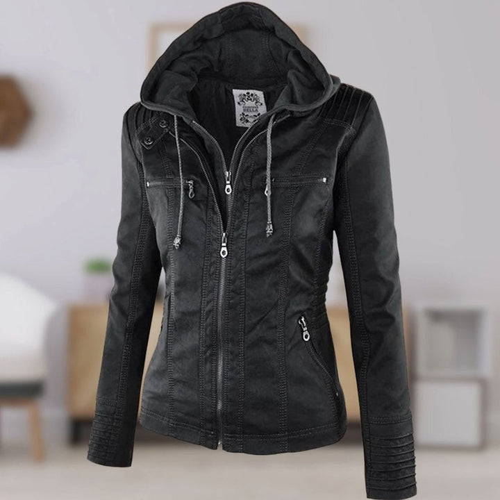 Women's Slim-Fit Hooded Faux Leather Biker Jacket - Black