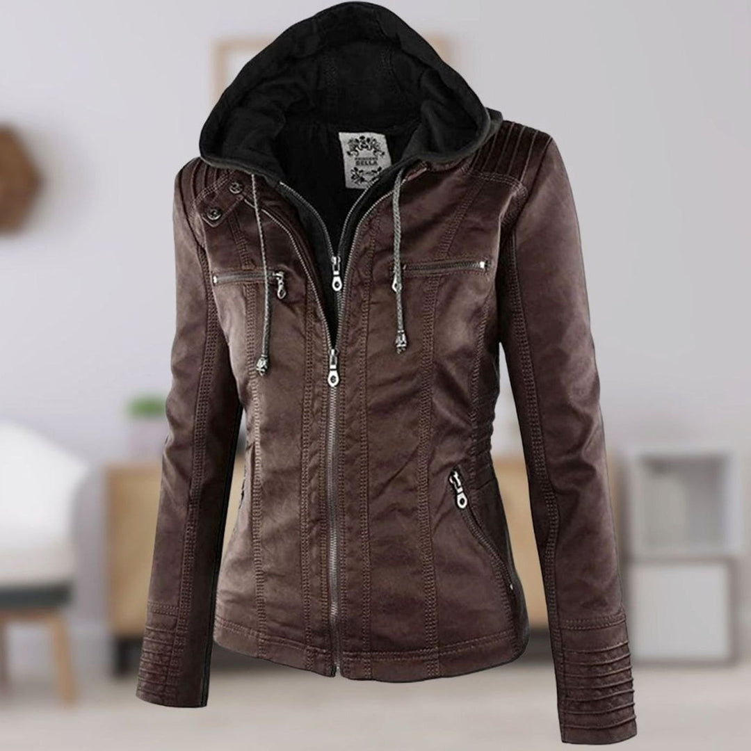 Women's Slim-Fit Hooded Faux Leather Biker Jacket - Brown