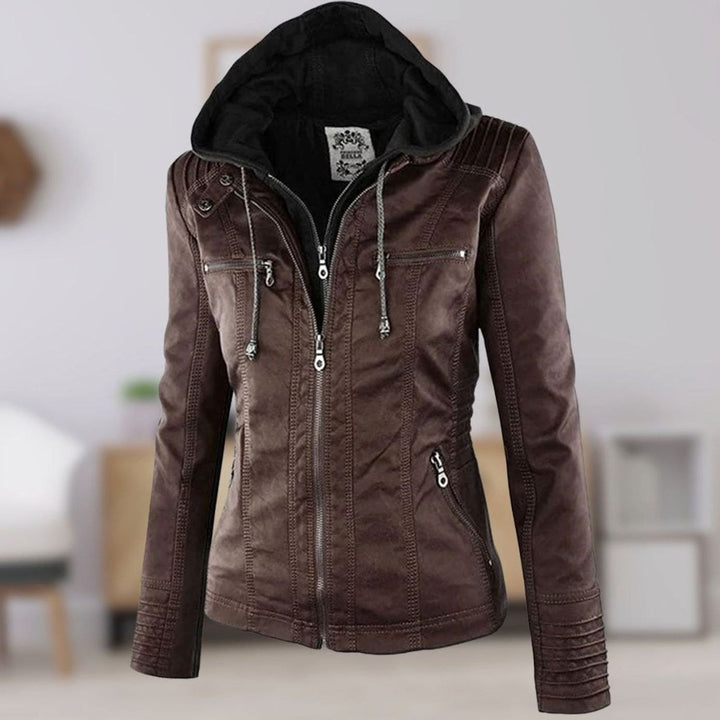 Women's Slim-Fit Hooded Faux Leather Biker Jacket - Brown
