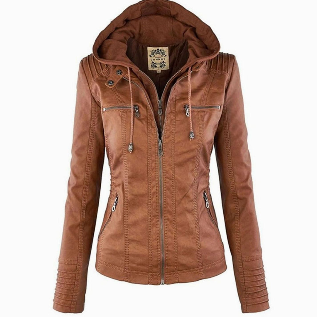 Women's Slim-Fit Hooded Faux Leather Biker Jacket