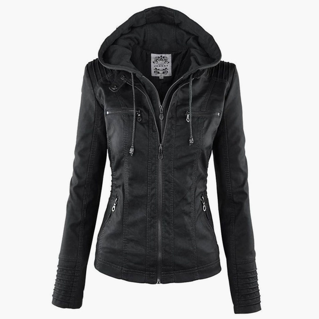 Women's Slim-Fit Hooded Faux Leather Biker Jacket