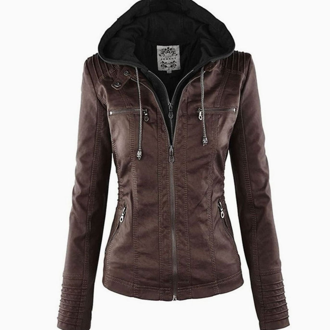 Women's Slim-Fit Hooded Faux Leather Biker Jacket