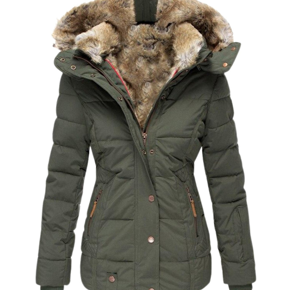 Women's Slim-Fit Quilted Puffer Jacket Faux Fur Hood - Green
