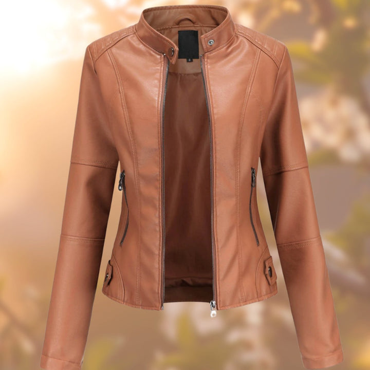 Women's Slim-Fit Zip-Up Faux Leather Biker Jacket - Light Brown