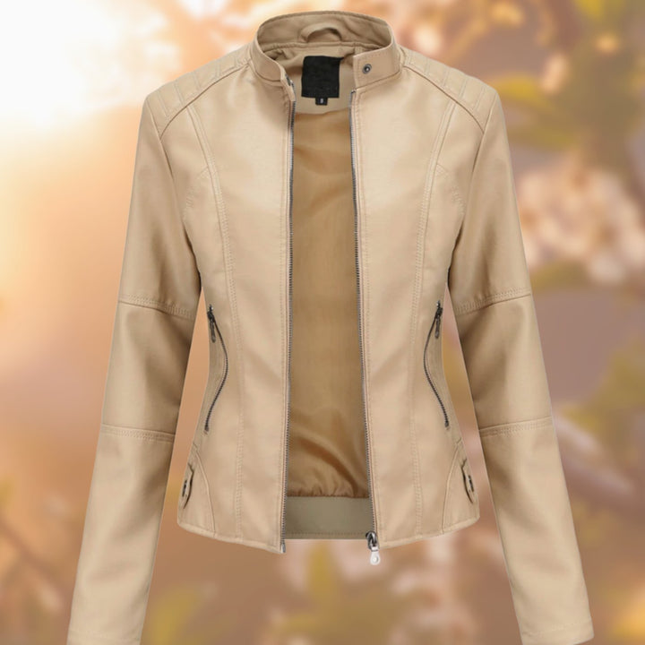 Women's Slim-Fit Zip-Up Faux Leather Biker Jacket - Beige