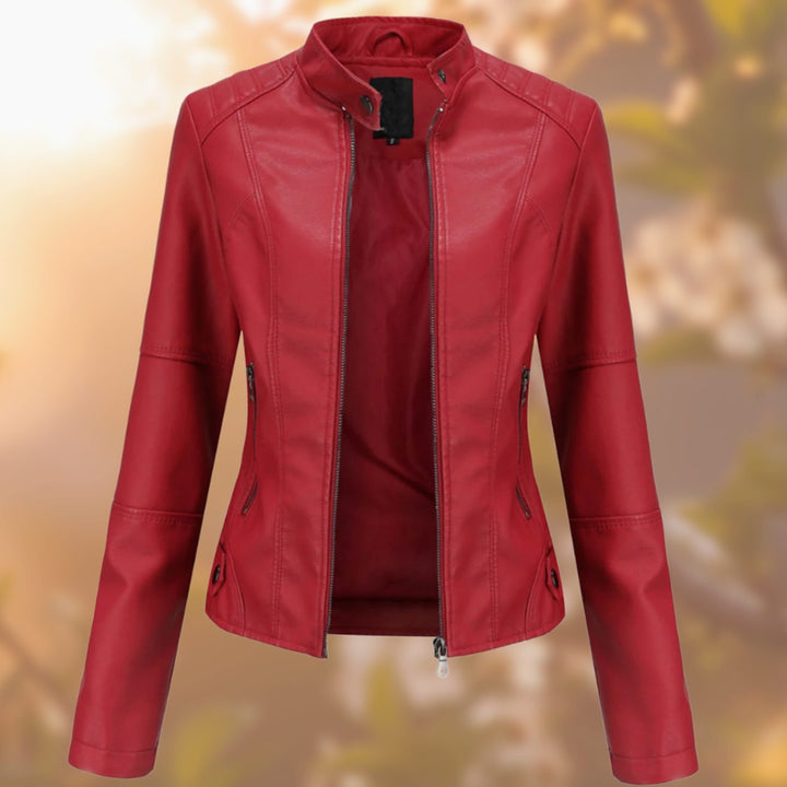 Women's Slim-Fit Zip-Up Faux Leather Biker Jacket - Red