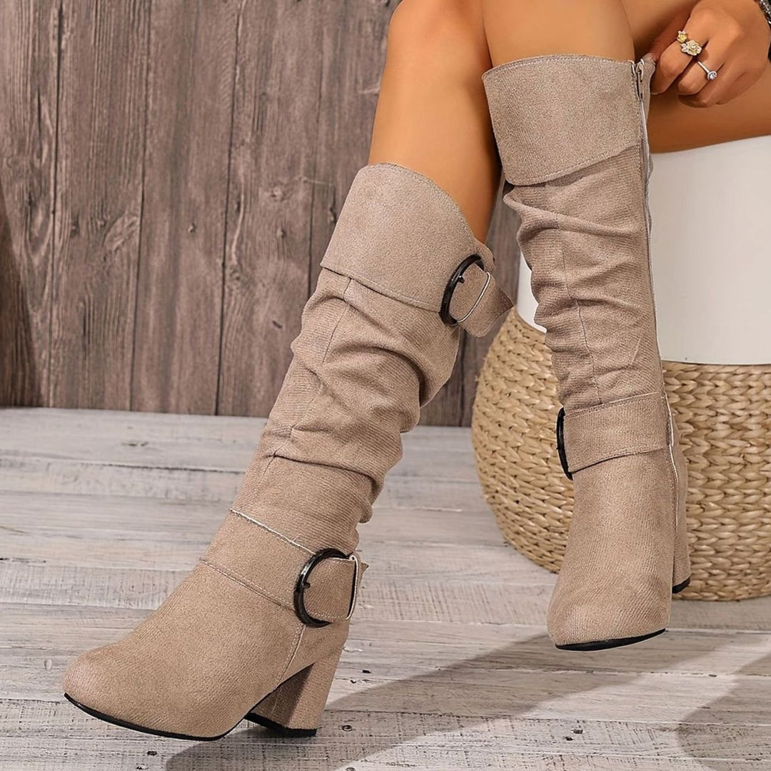 Women's Slouchy Knee-High Block Heel Boots Double Buckle