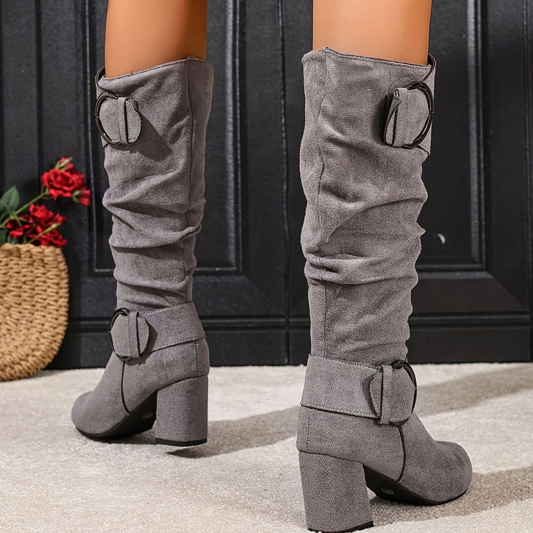 Women's Slouchy Knee-High Block Heel Boots Double Buckle