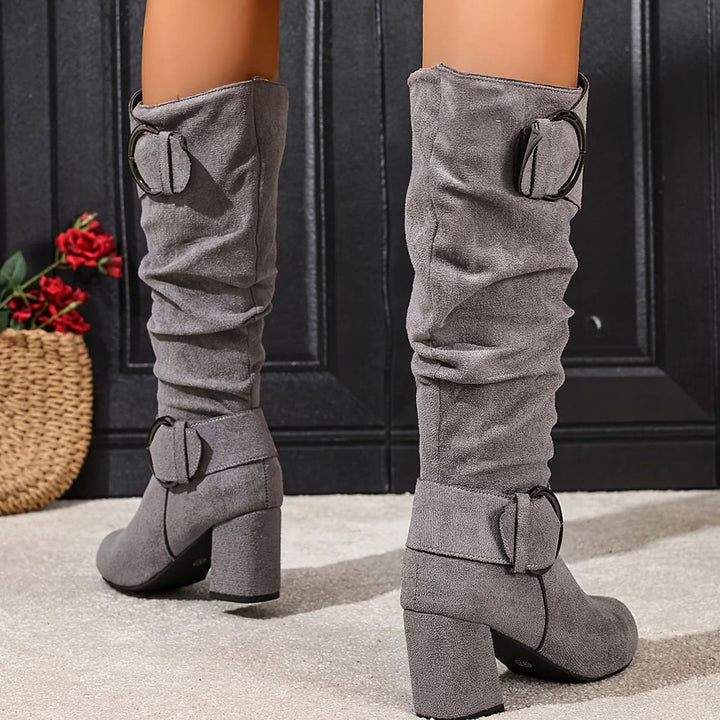 Women's Slouchy Knee-High Block Heel Boots Double Buckle