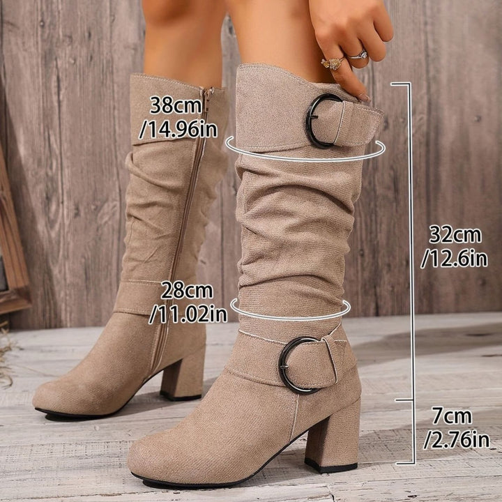 Women's Slouchy Knee-High Block Heel Boots Double Buckle