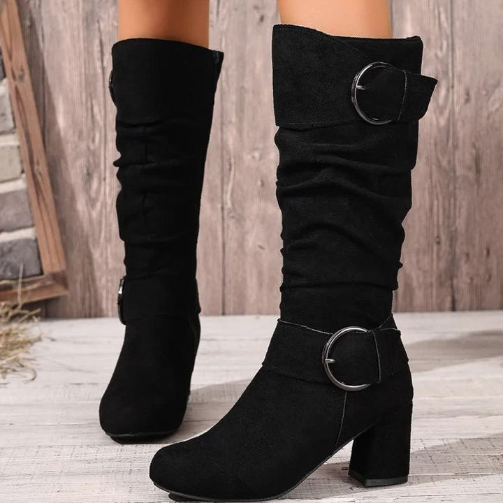 Women's Slouchy Knee-High Block Heel Boots Double Buckle